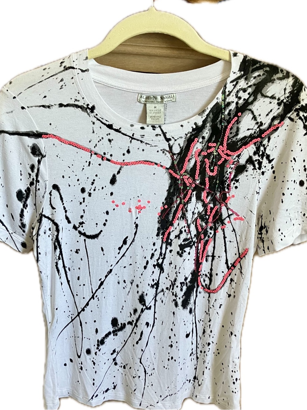 Alberto Makali White Tee with Black Paint-Splatter and Pink Sequin Detail